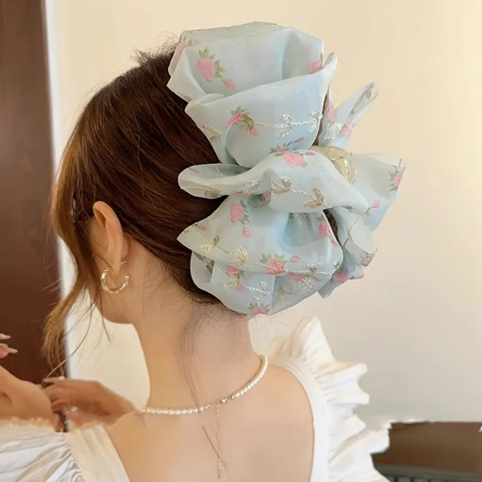 エレガントなフラワーネットリボン飾りヘアクリップ（大）