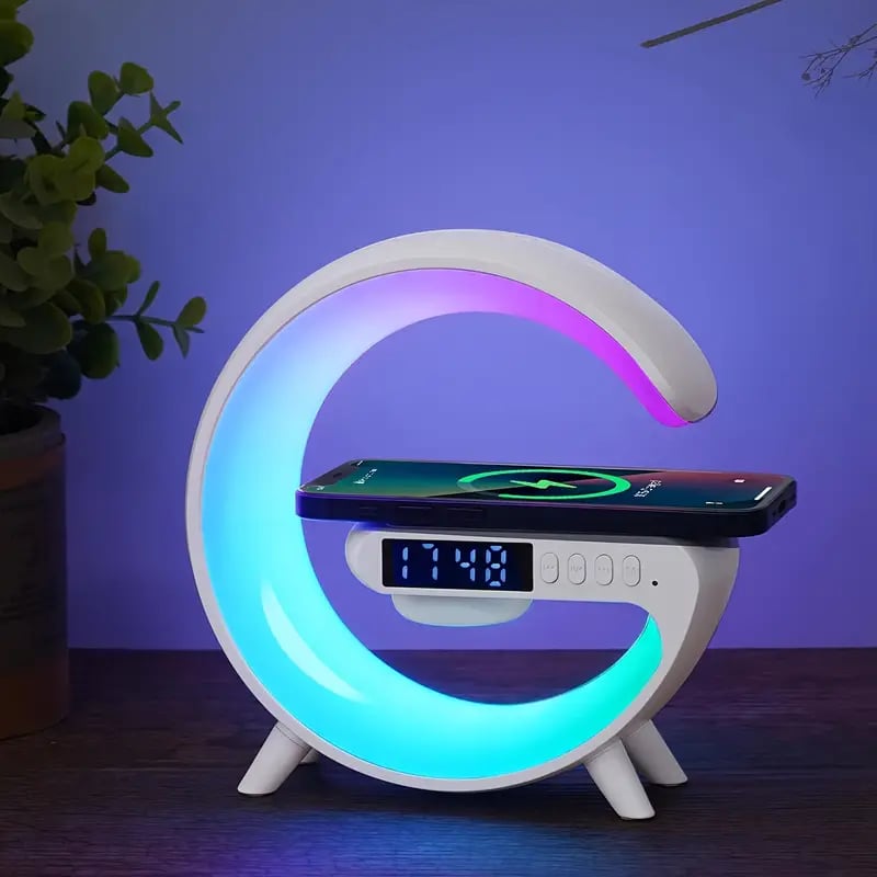 多機能Bluetoothスピーカー - カラフルな雰囲気ライト、ワイヤレス充電と時計のオールインワンマシン