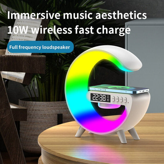 多機能Bluetoothスピーカー - カラフルな雰囲気ライト、ワイヤレス充電と時計のオールインワンマシン