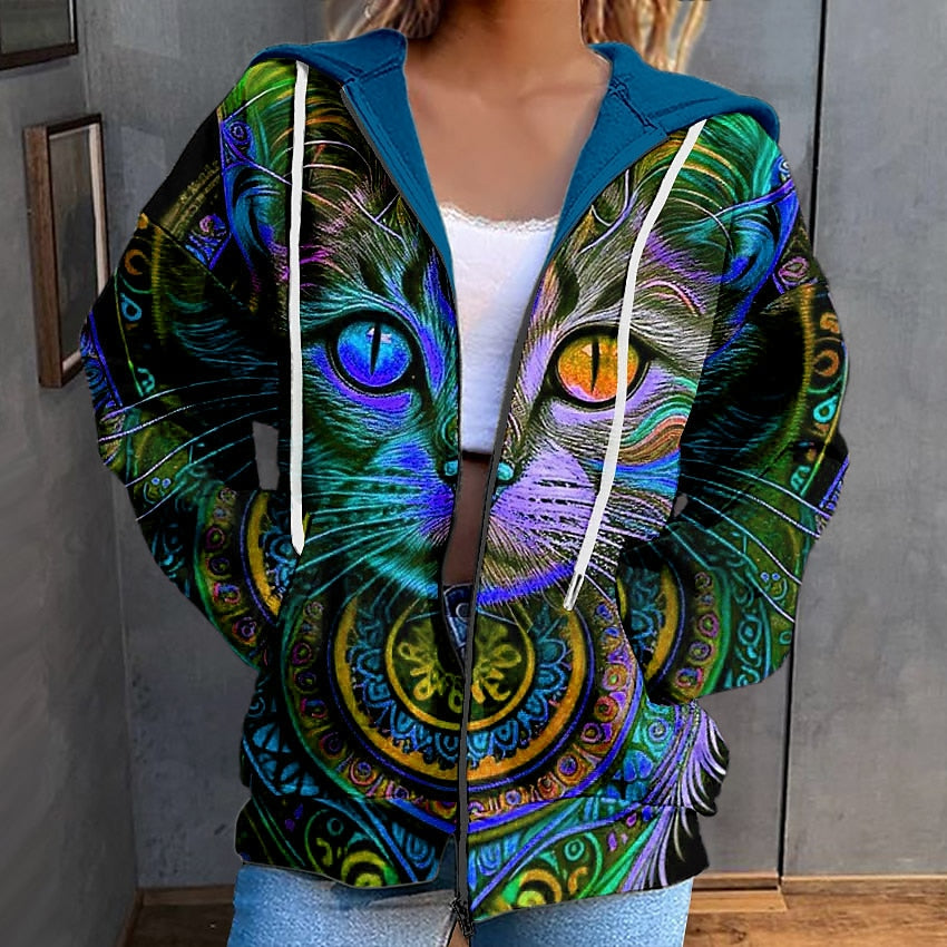 キャッツアイ レディース フード付きスウェットシャツ ジャケット 長袖 ジップアップ パーカー