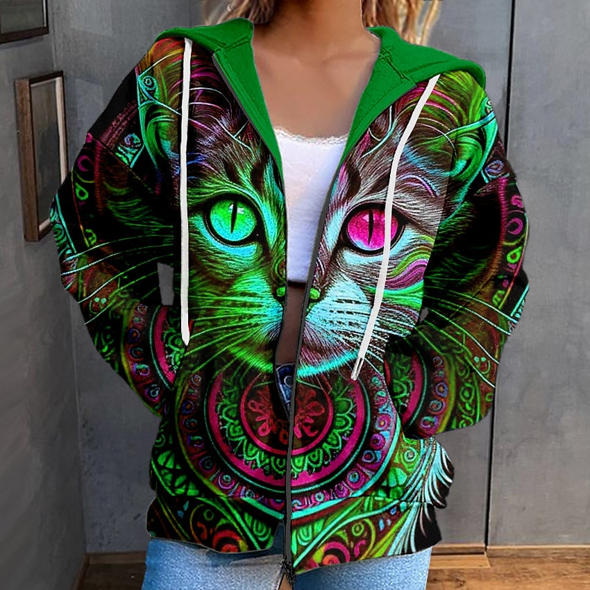 キャッツアイ レディース フード付きスウェットシャツ ジャケット 長袖 ジップアップ パーカー