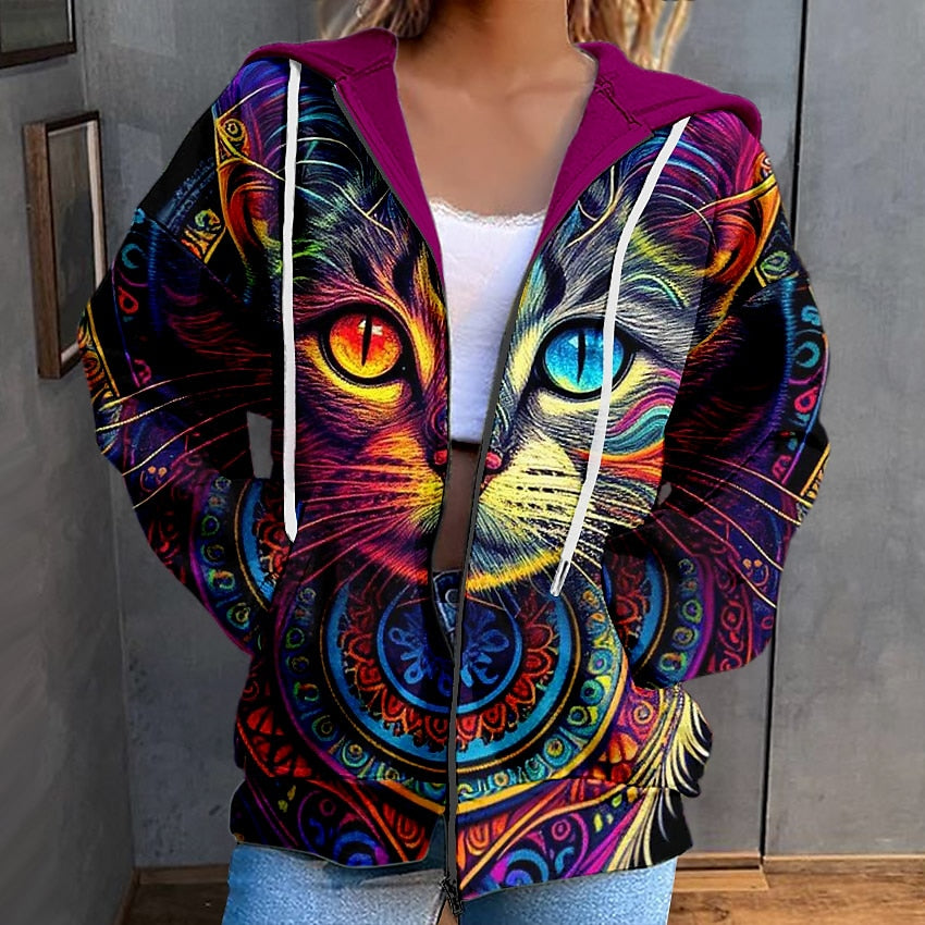 キャッツアイ レディース フード付きスウェットシャツ ジャケット 長袖 ジップアップ パーカー