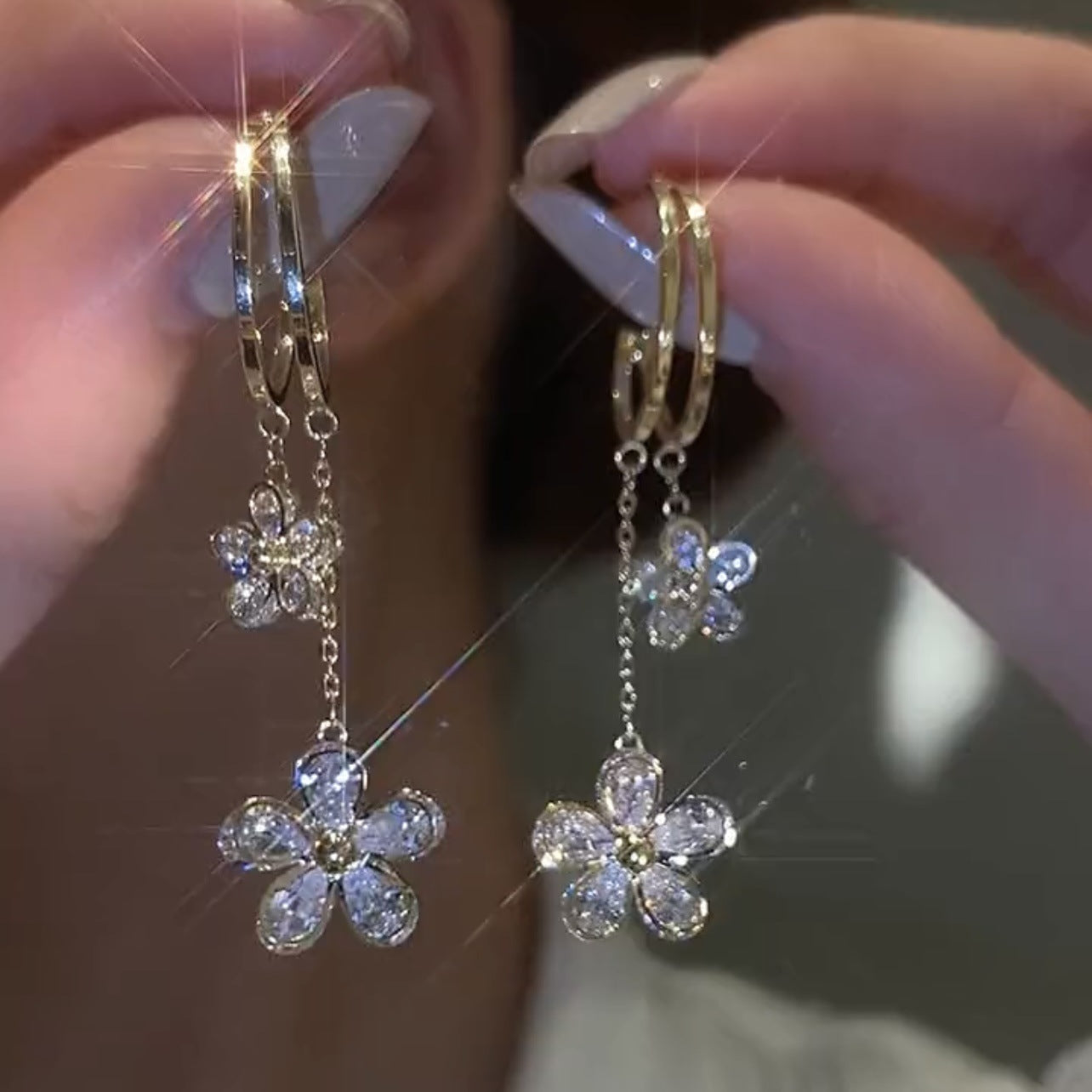 ジルコン フラワー ピアス S925 シルバー ニードル チェーン