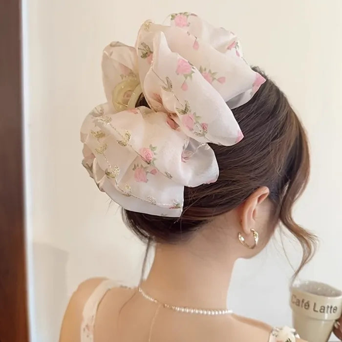 エレガントなフラワーネットリボン飾りヘアクリップ（大）